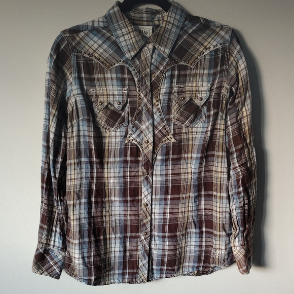 Ariat Blue and Brown Casual Button Down Shirt - Picture 1 of 9